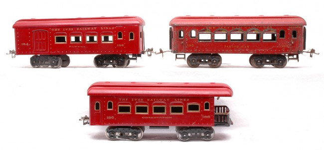 Ives Wide Ga. Red Passenger Cars 184 185 186: Ives prewar wide gauge red passenger cars including; 184 Buffet, 185 Parlor car and a 186 observation. The 184 and 186 are restored. The 185 is C4.