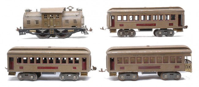 Lionel Mojave NYC Lines Pass Set 352 10 2-337 338: Lionel prewar standard gauge Mojave New York Central Lines passenger set no. 352 including; 10 electric 0-4-0 loco, two 337 Pullmans and a 338 observation. The cars have maroon inserts and nickel jour
