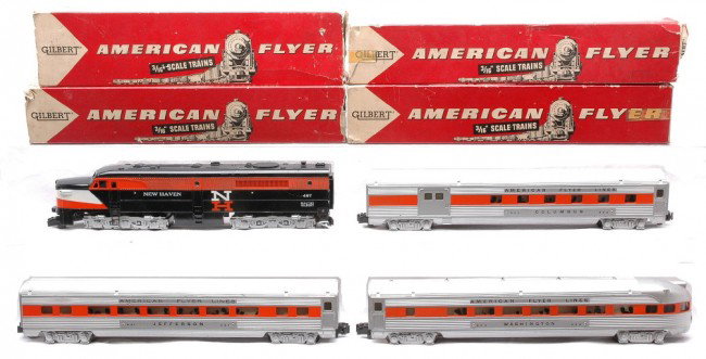 AF The New Clipper NH Passenger Set 20340 OBs: American Flyer S gauge The New Clipper New Haven passenger set no. 20340, circa 1957 all in OBs containing; 497 New Haven Alco PA diesel, 960 Columbus combine, 961 Jefferson coach and 963 Washington o