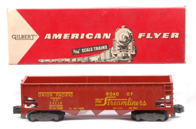 Am Flyer 24216 Union Pacific Hopper LN OB: American Flyer S gauge 24216 Union Pacific three-bay hopper in OB. The hopper is C8. OB has all flaps attached and is clean and square.