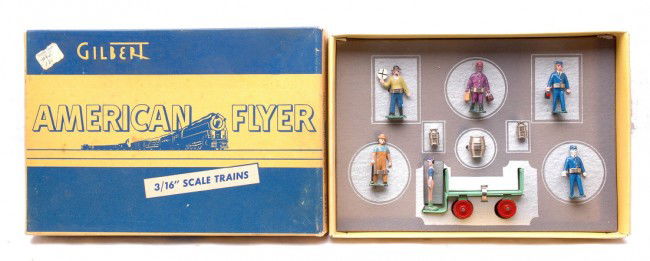 Am Flyer 578 Station Figure Set MINT Boxed: American Flyer S gauge 578 station figure set in OB that has an original blue insert complete with all items. One brakeman figure is missing the lantern, otherwise all items are C10. The insert has fa