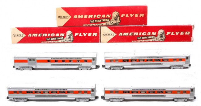 AF Streamlined Pass Cars 960 961 961 962 OBs: American Flyer S gauge streamlined passenger cars with orange bands including a 960 Columbus combine, two 961 Jefferson coaches and a 962 Hamilton vista dome. The 961 coaches are in OBs stamped 24795 