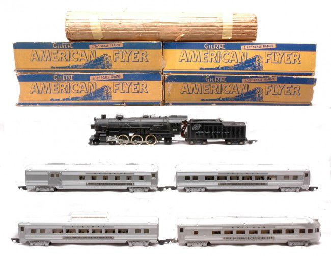 Am Flyer Special Train Passenger Set no. 434: Desirable American Flyer S gauge Special Train passenger set no. 434, circa 1952 containing; 282 Chicago Northwestern Line 4-6-2 Pacific loco and tender with original wrap, satin silver painted stream