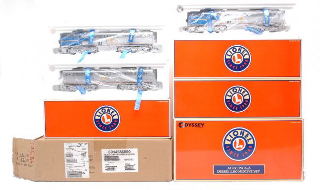 Lionel 14574 Alco AA D&H Loco 14586 B Unit MIB: Lionel 14574 Alco PA AA Delaware & Hudson diesel loco set in individual OBs, master carton and outer shipping carton. The Alcos have a faint test run, C9-10. Also included is a 14586 Alco PB Delaware 
