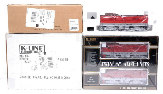 K-Line K21321IC K2132-0103IC GS ABA Alcos MIB: K-Line K-21321IC KCC Golden State Alco AA engine and a K2132-0103IC Golden State Alco B unit both in OBs. The AA also have an outer shipping carton. The Alcos have never been run, C10.