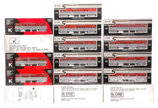 K-Line Golden State Passenger Cars MINT Boxed: K-Line Golden State passenger cars including; K4532C which includes K4532-0503 Golden Chariot Pullman and K4532-2399 Golden Nugget coach in individual OBs and outer shipping carton, K4532B which inclu
