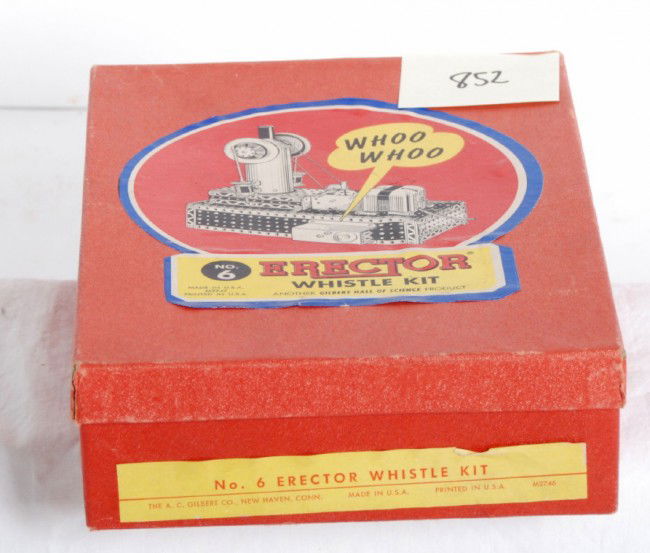 Gilbert Erector No. 6 whistle kit: Gilbert Erector 1950 No. 6 whistle kit in OB. The box is high C8 condition with minimal wear at the lid edges. Contents are mint C9-10 with no signs of being used. This is the very set pictured on pag