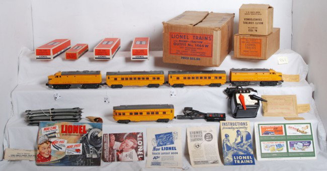 Lionel boxed 1464 W Set, diesel passenger train w/: Postwar Lionel O gauge No. 1464W diesel passenger set in original boxes. Set is composed of no. 2023 twin Union Pacific diesel A units in original master carton with all three inserts, instructions sh