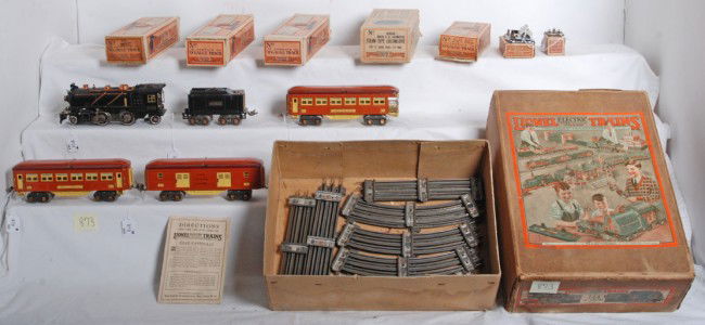 Lionel boxed 144E steam passenger set w/262E, 262T: Prewar Lionel O gauge No. 144E steam passenger set in original boxes with 262 steam locomotive, 262T tender without whistle, 613 T.C. Pullman, 614 T.C. observation and 615 Terra Cotta R.P.O. car. Trai