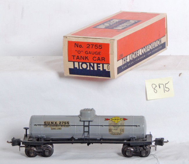 Lionel No. 2755 tank car in original box w/insert: Prewar Lionel O gauge No. 2755 Sunoco tank car in original box with insert, C7+ shell. Frame has minor distortion. Box looks C8-9. Old piece of clean tape and very small tear to edge of end flap. Both