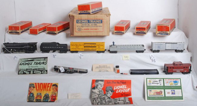 Lionel No. 2217WS freight train w/whistle and smok: Postwar Lionel O gauge No. 2217WS steam freight train with whistle and smoke in original boxes with components. Trains are as follows in this great looking set: 682 loco with smoke chamber, 2046W P.R.