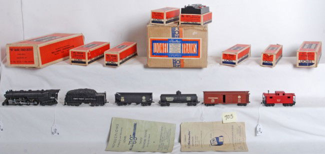 Lionel No. 0090W OO gauge steam freight set in OB: Prewar Lionel OO gauge No. 0090W freight train outfit for 2 rail track with remote control whistle. Set is composed of 003 loco, 003W tender with whistle, 0044 boxcar, 0045 oil car, 0046 hopper, and 0