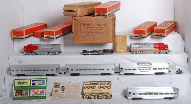 Lionel No. 2190W Santa Fe twin diesel pass. set in: Postwar Lionel Outfit No. 2190W Santa Fe twin diesel O gauge passenger train with horn in original boxes. Set is composed of No. 2343P and No. 2343T Santa Fe EMD F3a diesel units with original porthol