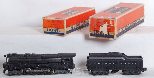 Lionel No. 671 loco and No. 2671WX tender in OB: Postwar Lionel O gauge No. 671 locomotive with smoke chamber and No. 2671WX Pennsylvania tender with whistle, in original boxes,. Trains look nicer C6 area. Loco box is missing flaps on one end, inser