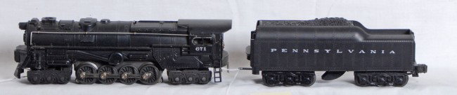 Lionel No. 671 loco and No. 2671W tender: Postwar Lionel O gauge No. 671 locomotive and No. 2671W Pennsylvania tender with whistle. Trains are very clean C7-8.
