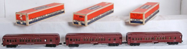 Lionel No. 2625 Madison, Manhattan, Irvington in O: Postwar Lionel O gauge No. 2625 Madison, Manhattan, and Irvington Pullman cars, C6-7. Very clean, great looking cars. Boxes have tape repaired and replaced flaps. Boxes were originally all 2625, but 2