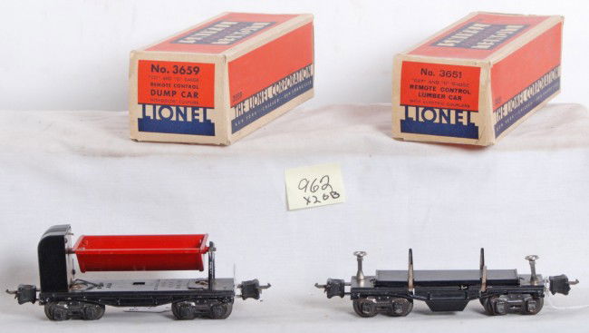 Lionel No. 3651, 3659, in OB: Prewar Lionel O gauge No. 3651 remote control lumber car and No. 3659 remote control dump car, in original boxes. Cars look better C6. 3651 box has a detached and incorrect end flap. Boxes are clean,