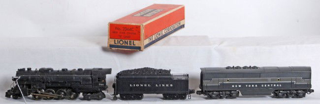 Lionel No. 2344C NYC F3 B unit in OB w/insert: Postwar Lionel O gauge No. 2344C New York Central EMD F3b diesel locomotive, original porthole lens and screened roof vents. Train should easily clean C7 area. Box is missing all flaps on one end. Box