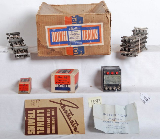 Lionel No. 295W passenger train outfit set box: Prewar Lionel No. 295W O gauge passenger train outfit set boxSet box has weak flap folds, light wear to corners, some light staining. Box is C7 in shape. Set contained: 265E/265W; 619, 617, 618. Inclu