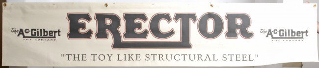 Gilbert Erector banner movie prop: Gilbert Erector banner from ÒThe Man Who Saved ChristmasÓ Banner measures 72 inches wide by 15 inches tall. Banner shows light handing and some small scuffs, might clean. Comes with prop tag signed 