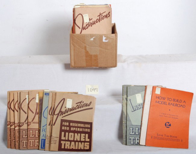 Fifty-eight Lionel pre and postwar instructions b: Fifty-eight Lionel pre and postwar instructions books for both O gauge and Standard Gauge trains and accessories. All are original, some split covers, some extra covers, one missing cover. Books range