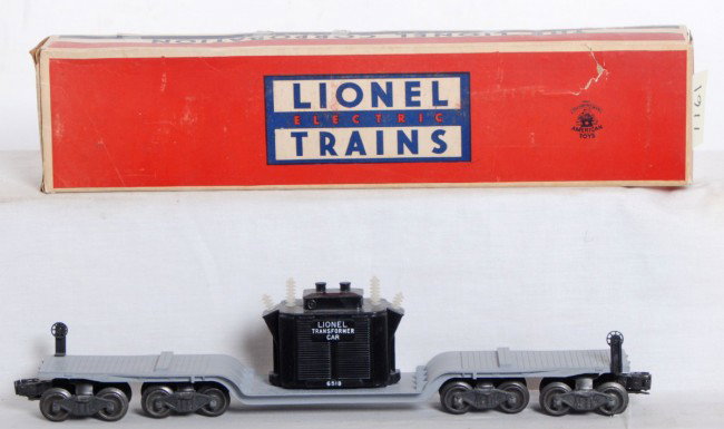 Lionel No. 6518 transformer car in OB: Postwar Lionel O gauge No. 6518 transformer car in original box. Car looks very clean, C8-9. Box is very bright, clear tape repairs,small tear in Toy Manufacturers panel, no missing flaps.