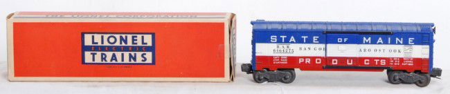Lionel No. 6464-275 State of Maine BAR boxcar in: Postwar Lionel O gauge No. 6464-275 State of Maine Bangor and Aroostook boxcar in original box, C7+. Box is square and solid with a missing tuck flap.