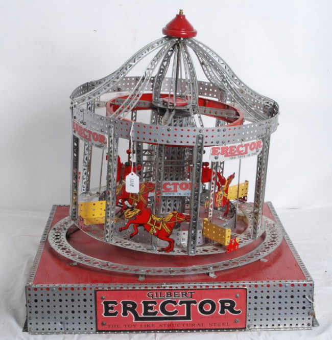 Erector carousel working movie prop: Gilbert Erector set motorized carousel from ÒThe Man Who Saved ChristmasÓ Prop was built by Bill Bean for the film. Carousel shows light handing but beams and girders are very clean. Shown very exte