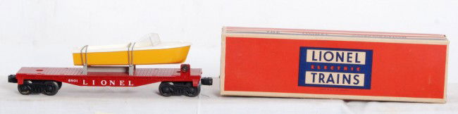 Lionel No. 6801 flatcar with boat in OB: Postwar Lionel O gauge No. 6801 flatcar with boat in original box with detached flaps, C9 area. Car may be unrun. Box is square, solid and very bright.