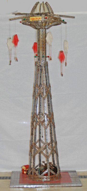 Gilbert Erector parachute jump store display: Gilbert Erector factory built 1949 Parachute Jump store display. This display came from Marshall Fields in Chicago. This model is in C7 condition with some plating wear and light flash rust on some gi