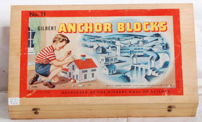 Gilbert 1950 No. 11 Anchor Block set: AC Gilbert 1950 No. 11 Anchor Block set in original wooden box. Set is complete and correctly organized. This was the largest Anchor Block set offered in 1950 and the only set to ever come in a wooden