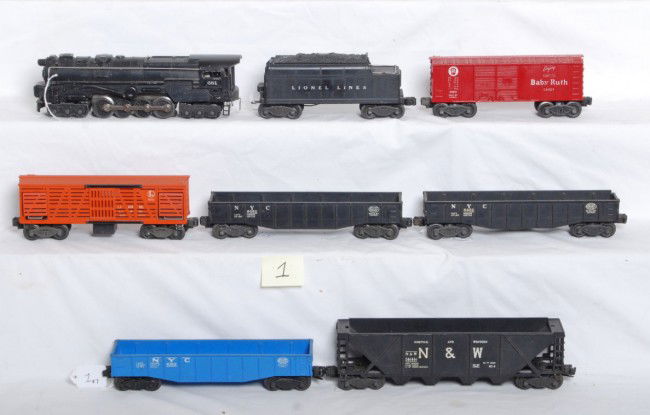 Lionel No. 681, 6466WX, 6446, 6462, 6462, 6162...: Postwar Lionel No. 681 steam loco with 6466WX tender with whistle, 6446 Norfolk and Western hopper, two 6462 and a 6162 New York Central gondola, 3656 stock car and X6014 Baby Ruth box. Touchups to ca