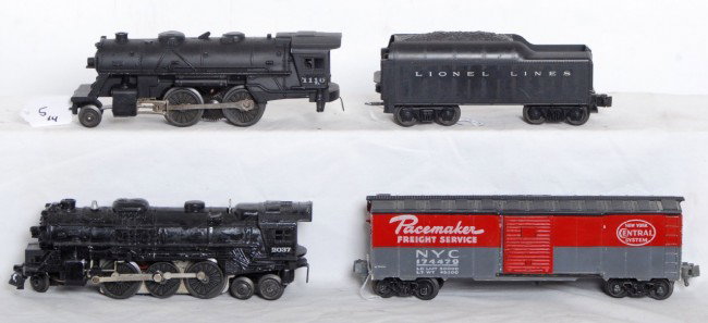 Lionel No. 2037, 1110, tender, NPC boxcar: Postwar O gauge Lionel No. 2037 steam locomotive, tender without whistle, No. 1110 steam locomotive and an NPC New York Central Pacemaker boxcar. 2037 and 1110 repainted. Trains otherwise look C6.