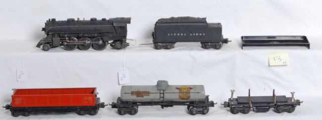 Lionel No. 224, 2224W, 2812, 3651, 2755: Prewar Lionel O gauge No. 224 loco, 2224W tender w/whistle, 2812 gondola, 3651 flatcar, 2755 Sunoco tank. Trains should clean to look C6 area.