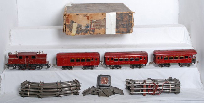 Ives boxed set No. 701 w/3241, 184, 185, 186: Prewar wide/standard gauge Ives set No. 701 with No. 3241 N.Y.C.&H.R. center cab electric locomotive with No. 184 Buffet car, No. 185 Parlor car and No. 186 observation car. Trains look C6+ area and s