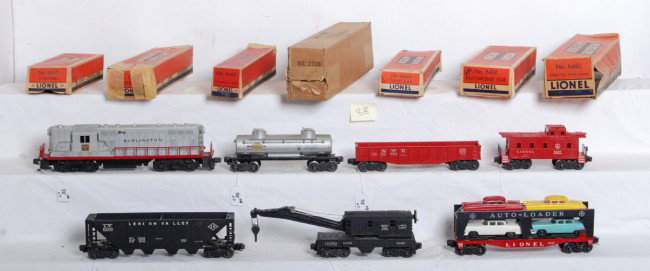 Lionel No. 2338, 6462, 6465, 6346, 6460, 6414, 6257: Postwar O gauge Lionel No. 2338 Burlington GP diesel, 6462 N.Y.C. gondola, 6465 Sunoco tank, 6436 LV hopper, 6460 operating work crane, 6414 Evans Auto-Loader automobile car with four correct length o