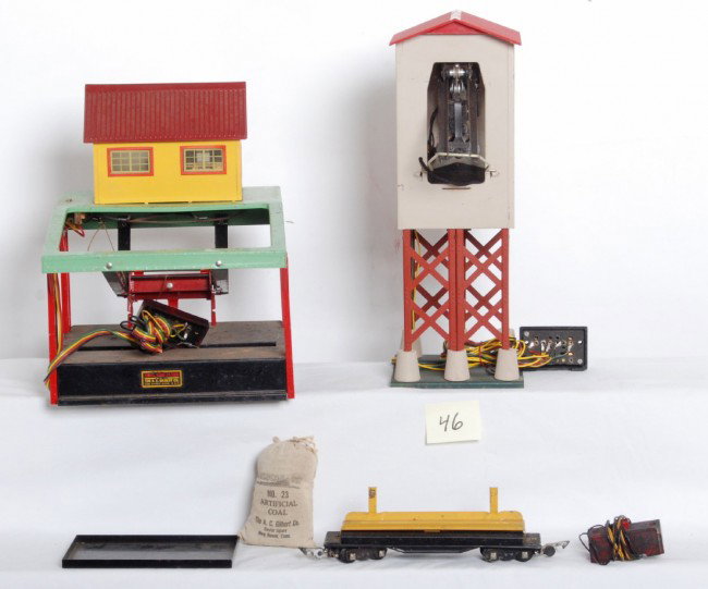 American Flyer coaler, log loader, log car, control: Postwar American Flyer S gauge Seaboard coaler, log loader, log car, No. 23 artificial coal bag full and a bin. Items look C6 area.