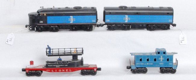 Lionel No. 226 A&B, 6812 and 6017: Postwar Lionel O gauge No. 226 Boston and Maine Alco diesel A and B units, 6812 track maintenance car and 6017-100 B&M caboose. Please view the photographs for the best description and as to the condi