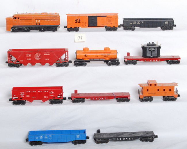 Large lot of Lionel postwar 232, -725, 6736, 6818,: Postwar Lionel O gauge lot of restoration candidate trains. Some just need cleaned, some need simple parts, etc. 232P New Haven Alco diesel A unit, 6464-725 NH boxcar, 6736 Detroit and Mackinac hopper