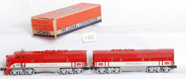 Lionel No. 2245 MKT The Texas Special F3 A-B: Lionel No. 2245 MKT The Texas Special EMD F3 diesel A-B units. 2245C OB missing an end flap, square, solid, and clean. A unit has battery damage to frame and missing a number board. B unit is missing