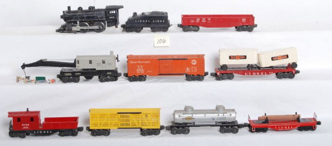 Lionel No. 1615, tender, 6462, 6430, 6465, more: Postwar Lionel O gauge No. 1615 steam switcher and slope back tender, 6462 NYC gondola, unnumbered lumber flatcar w/two logs, 6430 flatcar w/Cooper Jarrett trailers, 6465 Sunoco tank, 6656 stock car,