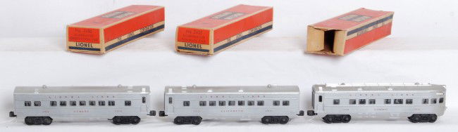 Lionel No. 2434, 2435, 2436 red lettered pass. in: Postwar Lionel O gauge Nos. 2434 Newark Pullman, 2435 Elizabeth Pullman, 2436 Summit observation, red lettered passenger cars in original boxes. Cars are clean C6. Boxes have missing flaps. Clean and