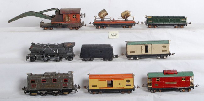 Lionel No. 249E, 2225T, 251, 820, 810, more: Prewar Lionel O gauge No. 249E loco, 2225T tender w/o whistle, 251 boxcab electric, 820 searchlight car, 810 operating work derrick, 812 gondola, 814 boxcar, 814R reefer, and 817 caboose. Please view 