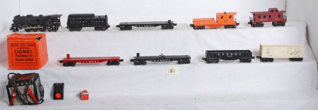 Lionel No. 2037, 6026W, 6818, 6424, 6119-25...: Postwar Lionel O gauge No. 2037 steam loco, 6026W tender with whistle, 6424 auto flatcar, 6828 flatcar, 6112 gondola, 6014 Frisco boxcar, 6017 caboose, 6119-25 D.L.&W. caboose, type 1044 90 watts tran