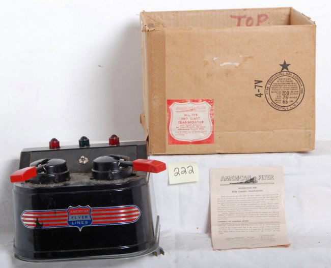 American Flyer No. 18B 190 watts transformer in OB: Postwar American Flyer No. 18B 190 watts transformer in original box with original cord and instructions sheet. Transformer looks C7. Box looks C7 in shape, some older tape and writing.
