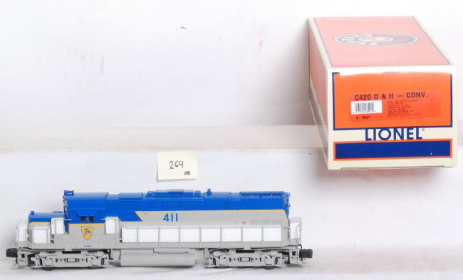 Lionel Delaware and Hudson C420 loco: Lionel modern O Gauge Delaware and Hudson Alco C-420 in OB. Loco is catalog number 18591. Loco features smoke, Signal Sounds, dual can motors and more. Loco is high C8-9 with light run time.