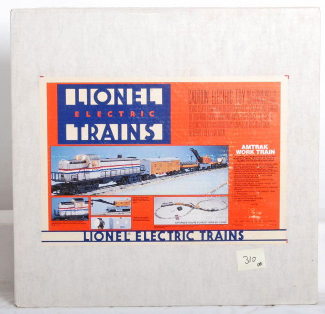 Lionel Amtrak 11723 work train set: Lionel modern O Gauge Amtrak 11723 work train set in OB. Set looks high C8-9 with very light run time. Set box shows some light wear on the corners.