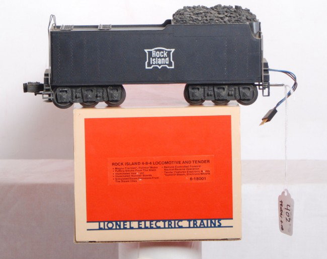 Lionel Rock Island 18001 tender and box only: Lionel modern O Gauge Rock Island 18001 tender and box only. Tender has The Mighty Sound of Steam with whistle. Tender is lower C8 condition. Box is in good condition.