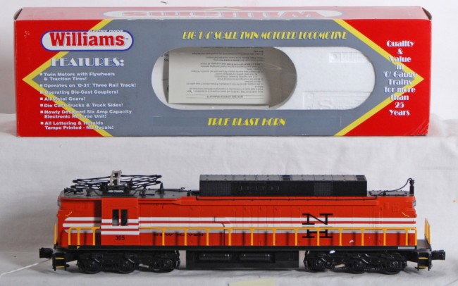 Williams New Haven EF4 with horn: Williams modern O Gauge New Haven EF4 in OB. Loco is catalog number EF501 and features dual motors and horn. Loco comes with paperwork and is C8 condition.