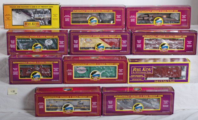 11 MTH and Railking club and freight cars: MTH and Railking modern freight cars in OBs. Eleven cars include 94028 Canfor club reefer, two 93024 New York Central club boxcars, 7401 New York Central boxcar, 93130 Union Pacific club boxcar, 98400
